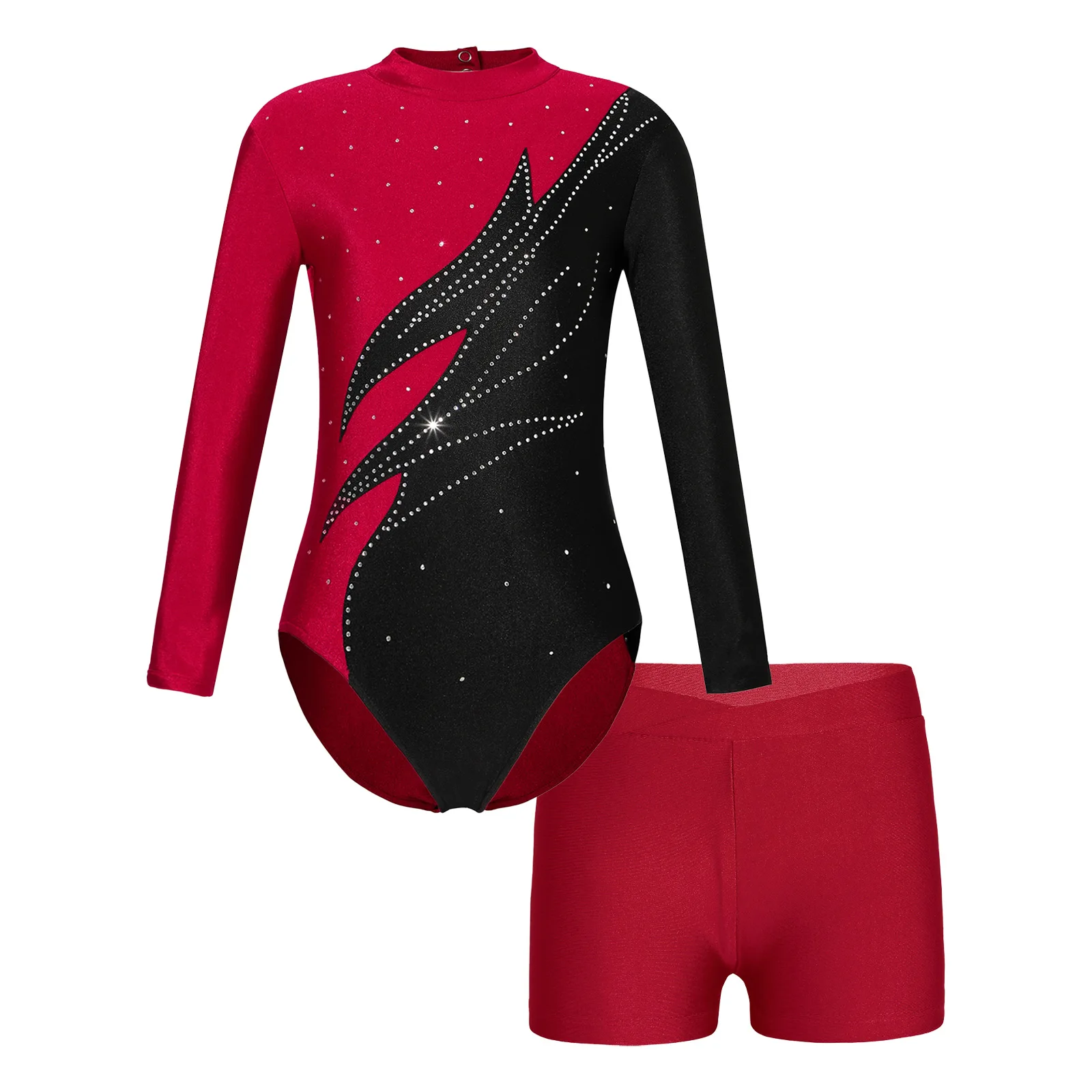 

Kids Girls Gymnastic Competition Dancing Outfit Skating Dancewear Long Sleeve Shiny Rhinestones Keyhole Back Leotard with Shorts