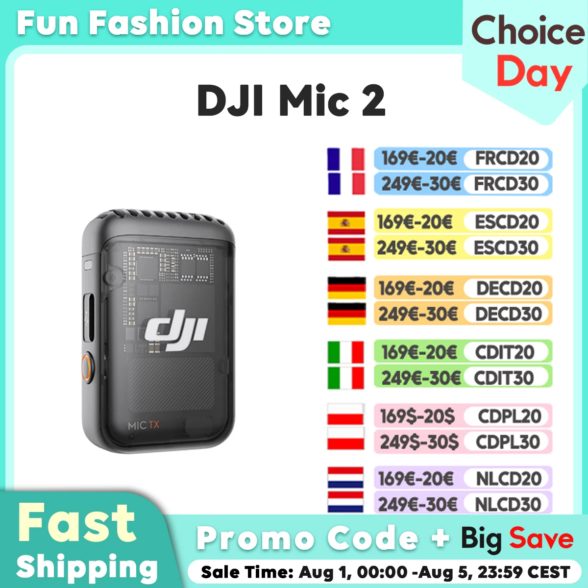 DJI Mic 2 Wireless Microphone with Intelligent Noise Cancelling 32-bit Float Internal Recording Optimized Sound 250m Range