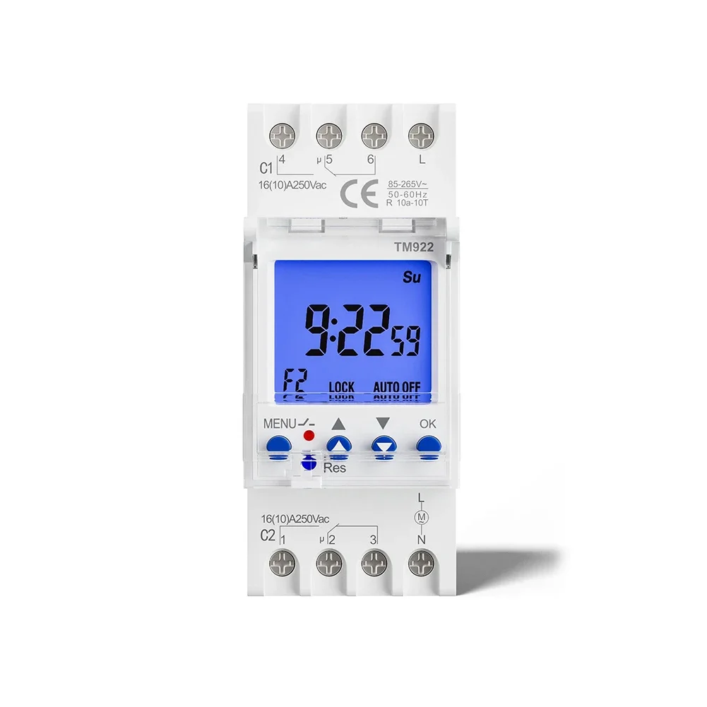 TM922 DIN Mounted Timer 2-Channel Digital Timer With Dual Relays Programmable 2 Channel Programmable 24-hour Time Clock Features