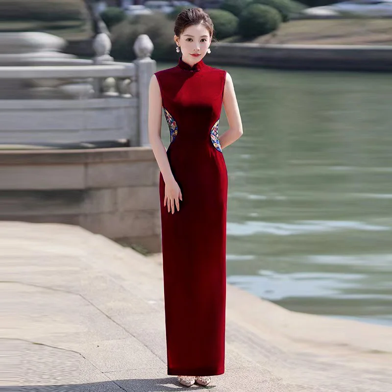 

Элегантное платье для выступлений на сцене, удлиненная версия, улучшенный крой, из бархатной ткани, для повседневной носки, с высоким разрезом