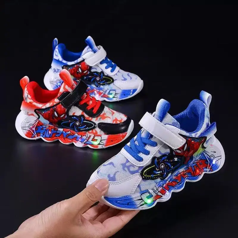

Spring Autumn Kids Led Light Shoes Boys Casual Sneakers Children Cartoon Spiderman Print Breathable Toddler Running Sport Shoes