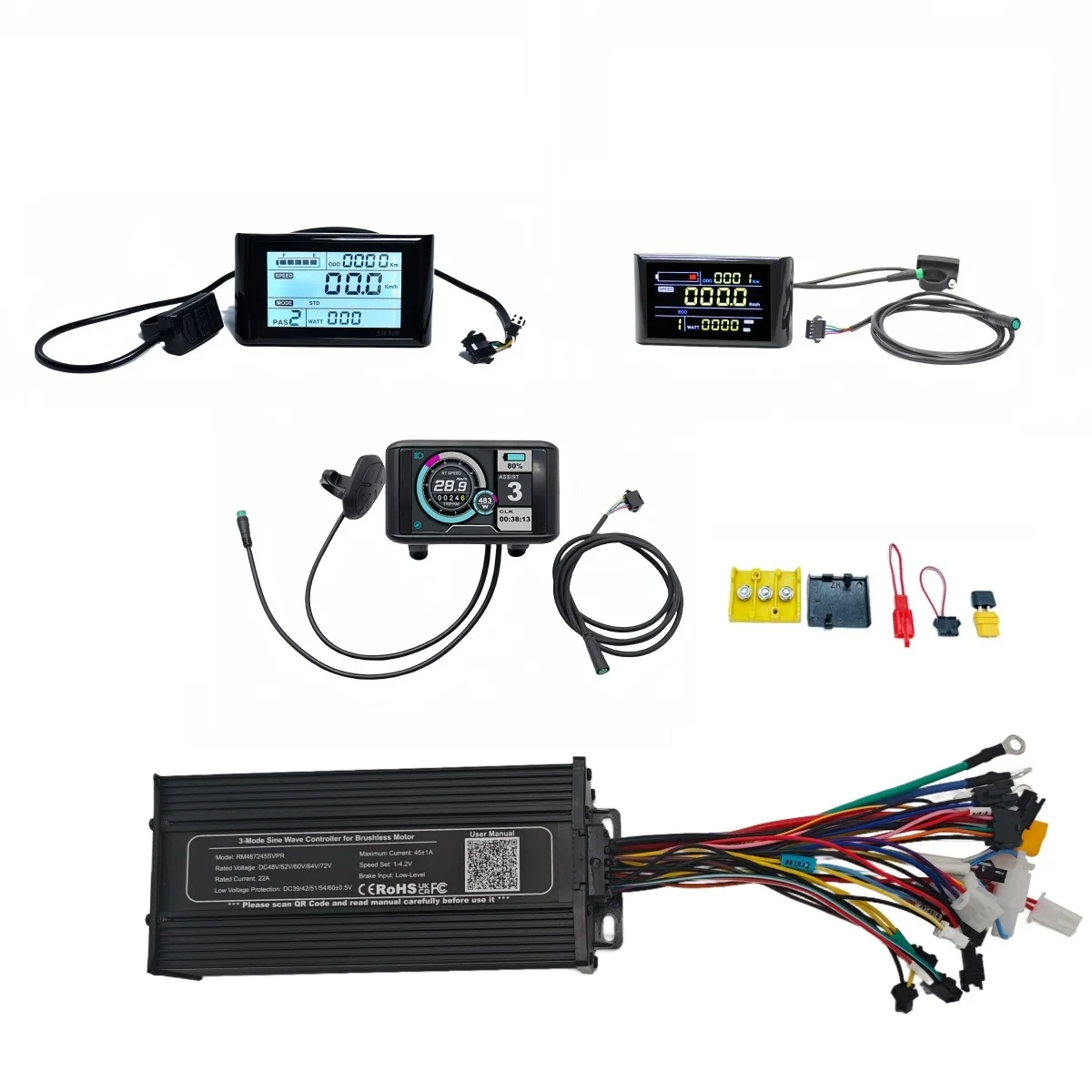 

Ebike 48 В 52 В 1500 Вт 60 В 72 В 2800 Вт 45 А 3-режимный синусоидальный контроллер с/без дисплея