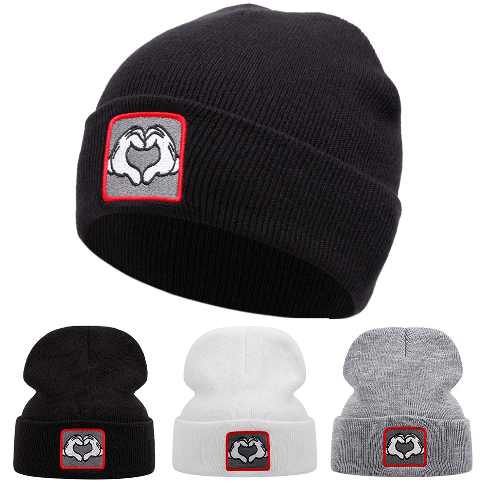 hand heart gesture Embroidery knitted cap for autumn and winter outdoor sports events Warm woolen cap, casual and versatile