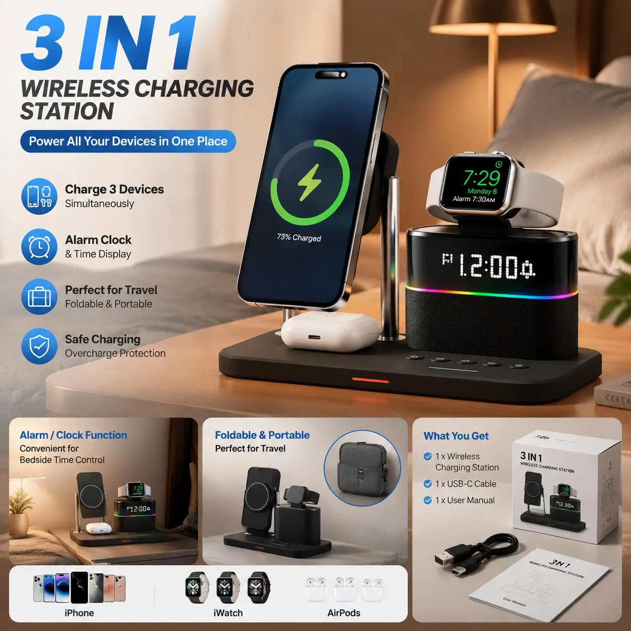 Magnetic Wireless Charging Station for Phones 12 13 14 15 16 17 and Smartwatch 8 7 6 5 Multi Device Charging Pad for Desk Home Office Travel Supports Fast 15W Phone Charging and 5W Wearables 360 Degree Stand
