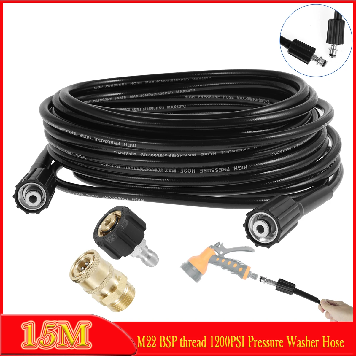 15m High Pressure Washer Hose Pipe Car Wash Hose Cleaning Extension Hose Cord Pipe Replacement 1200psi Bsp Thread M22 Anti-Kink