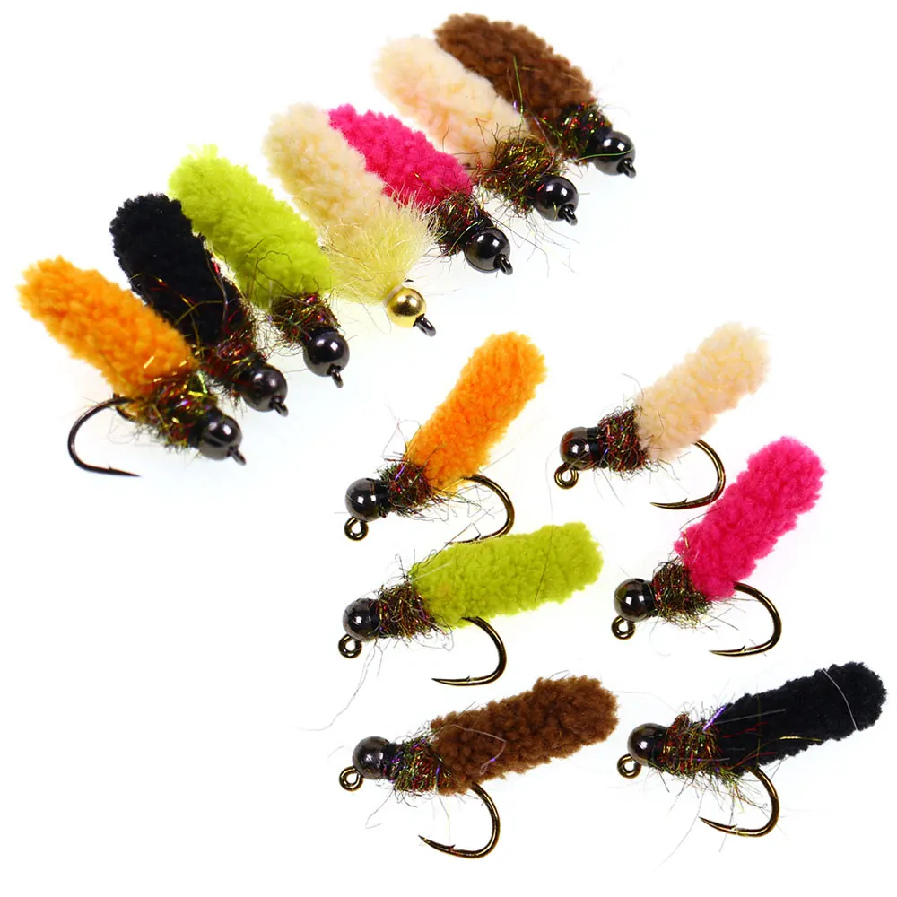 Bimoo 6 Stück Messing-/Wolfram-Kugelkopf-Mop-Fliegen, künstliche Kranichfliegen, Caddis-Larven, Nass-Jig-Nymphenfliegen für Forellen- und Fischgrälfischerei – Detail 5