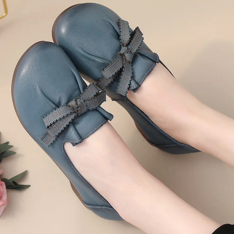 Brown Ballet Retro Flats Comfortable Elegant Women\'s Shoes Genuine Leather Loafers Ladies Bowknot Woman Soft Blue Moccasins ﻿