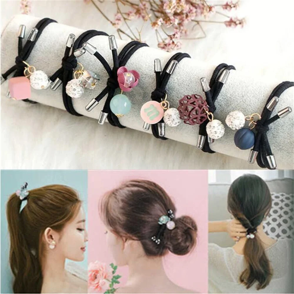 6Pcs/Set  Flower Ball Crystal Ribbon Hair Bands Ring Women Girl Elegant Elastic  Ponytail Holders Scrunchies Females Hair Ropes