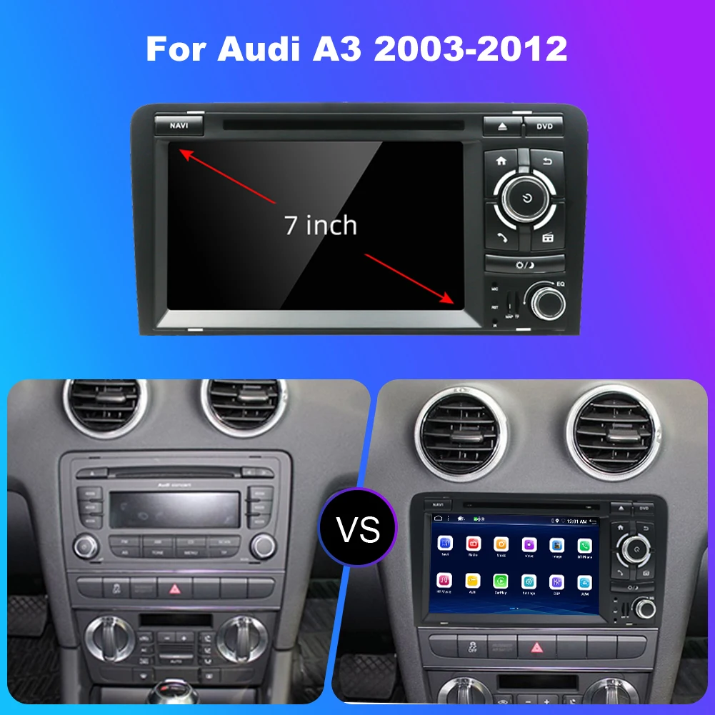 6GB+128GB Carplay DSP 7 inch Android 14 Auto for AUDI A3 8P 2003-2012 RS3 Sportback Car GPS Navigation Radio Multimedia Player