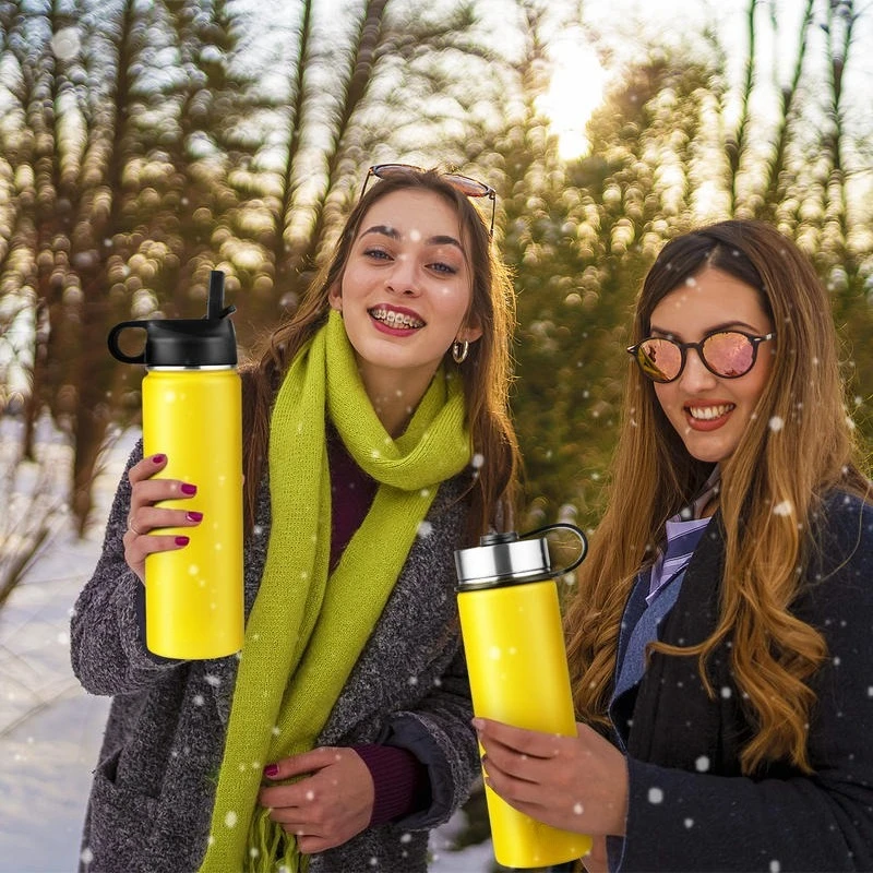

22 Oz Double-walled Insulated Stainless Steel Water Bottle with 2 Lids and Straw-Yellow
