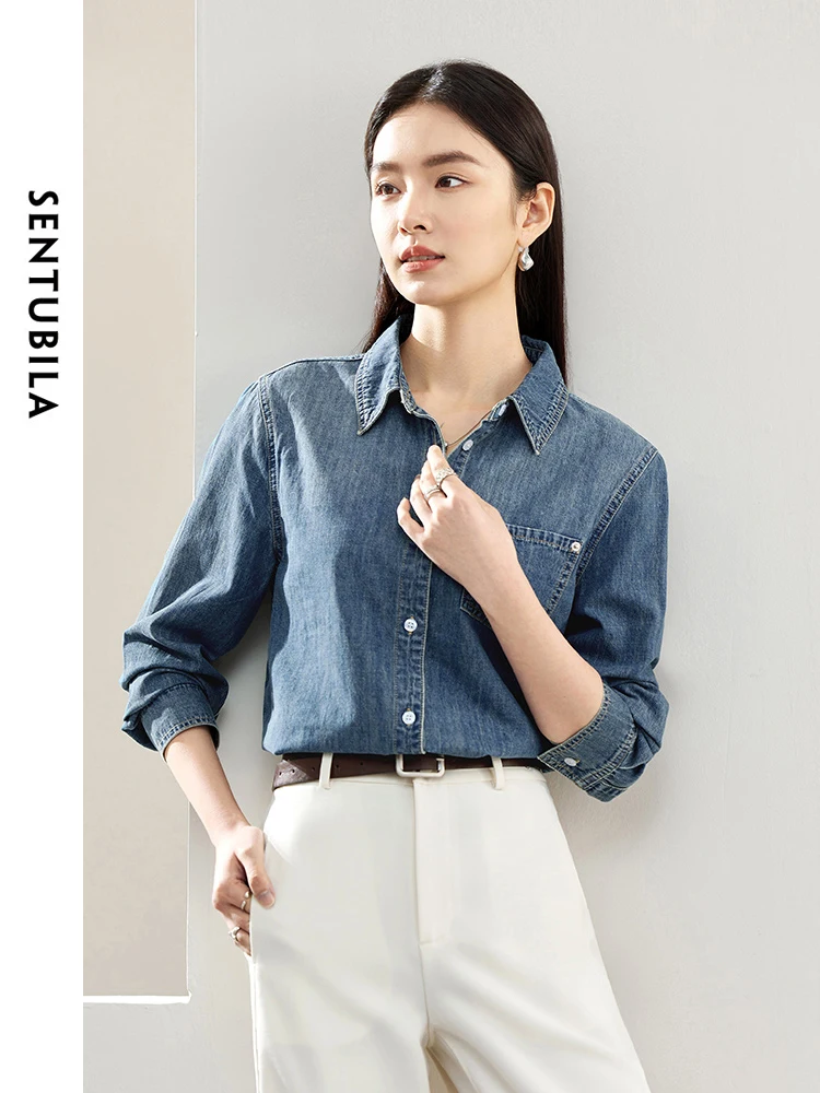 SENTUBILA Denim Shirt for Women Spring 2024 Korean Fashion Long Sleeve Tops Casual Button Up Shirt Jacket Outerwear W41C53537