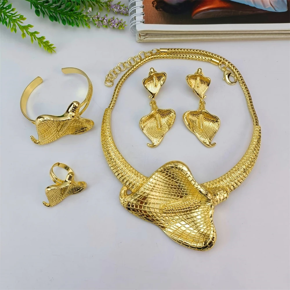 

EMM Dubai Gold Plated Necklace Set Luxury Original Ring Bracelet Wedding Earrings Banquet Costumes Jewelry For Women