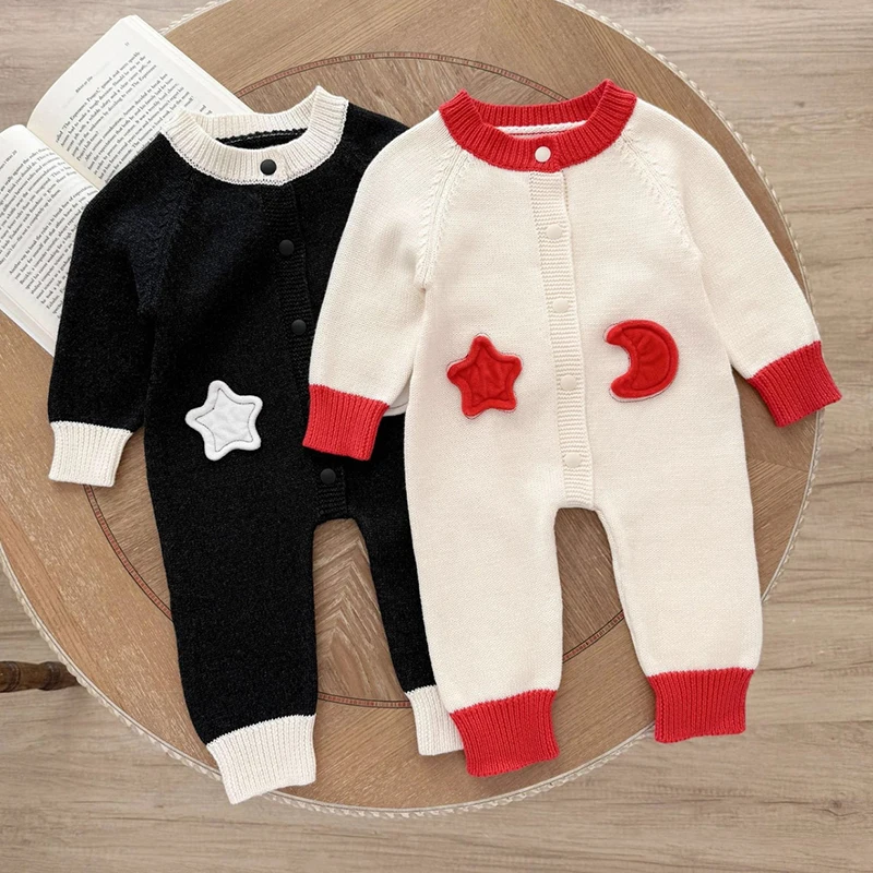 عيد الميلاد طقم قطعة واحدة للأطفال الخريف الرضع الحياكة بذلة الوليد الطفل نجوم والقمر البلوز رومبير الخريف سترة الموضة