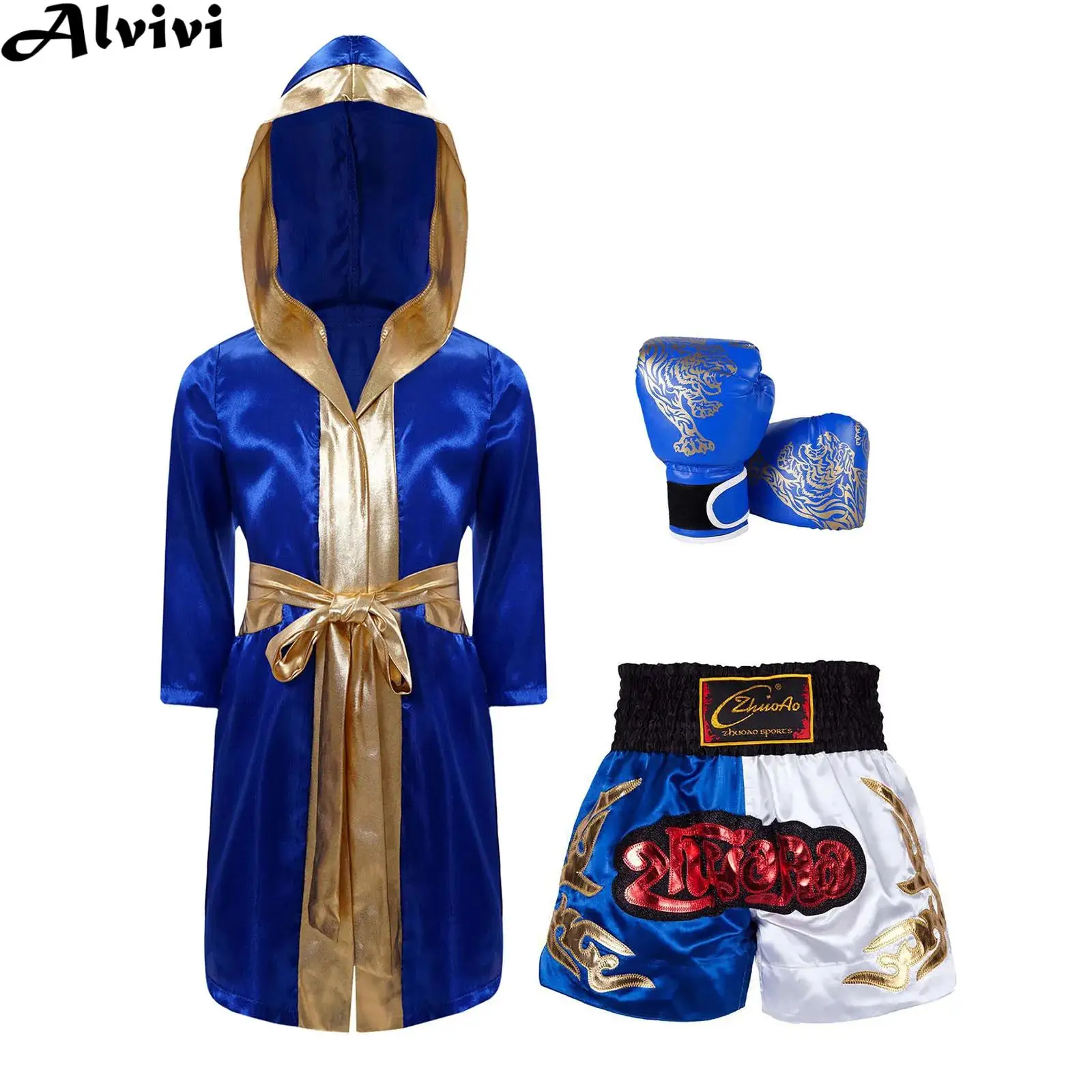 Boys Girls Boxing Robe Outfit Long Sleeve Satin Hooded Cloak with Belt Shorts Gloves Halloween Carnival Boxer Cosplay Costume