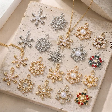 10Pcs Snowflake Charms Pearl Rhinestone Pendants for DIY Jewelry Making Necklace Bracelet Handmade Craft Supplies Christmas Gift