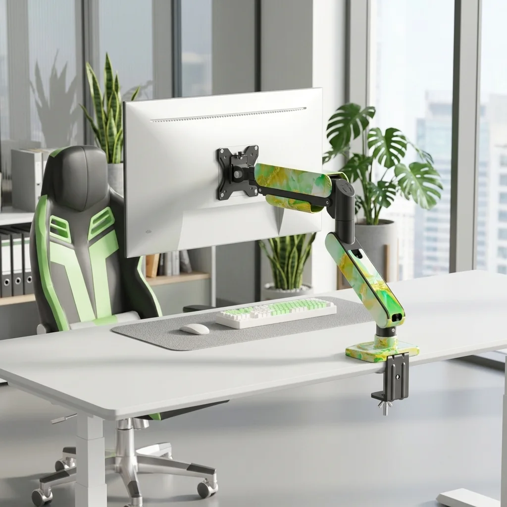 SC5 Jade Marble Pneumatic Monitor Arm Single Desk Mount Stand For 17-35 Inch Screen 2-10kg Load Height Adjustable Gaming Bracket