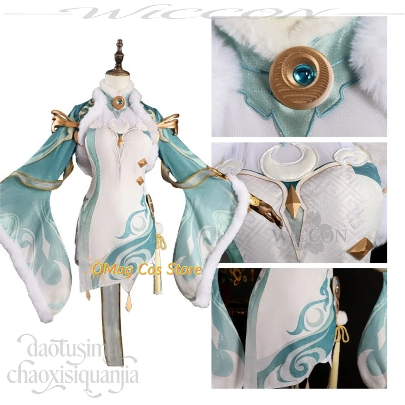 Anime Game Genshin Impact Cosplay Zibai Retro Uniform Chinese Fairy Green Dress Qipao Cheongsam White Wigs Halloween Chr view 3
