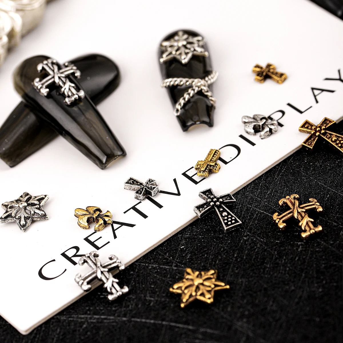 120pcs / 1 box Dark vintage Cross nail or y2k Advanced Metal Style Alloy Cross Nail patch Gold & Silver Cross Decor Set