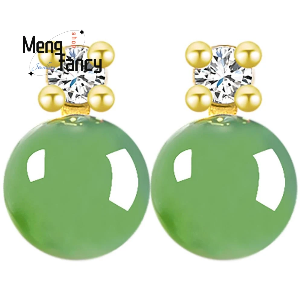 Spinach Green Natural Old Material Hetian Jade Jasper 6mm Round Bead Earrings S925 Silver Inlaid Sexy Young Girls Holiday Gifts