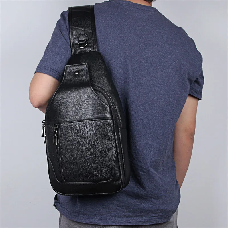 Bolso de pecho de piel de vaca Real para hombre, bolsa de pecho negra de cuero, bandolera de un solo hombro, bolsa deportiva de gran tamaño