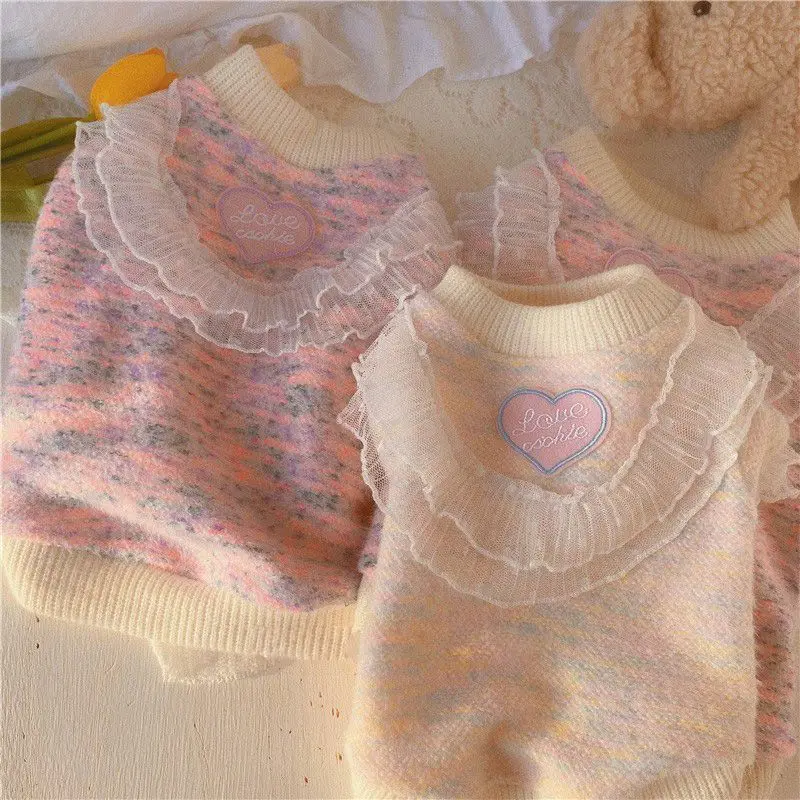 Lace Sweetheart Dog Sweater Knitted Embroidered Pet Sweater Cat Bears Teddy Small Dog Autumn Winter Elastic Knit Undercoat