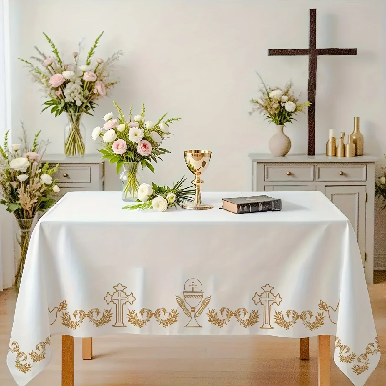 Cross and Dove Print Rectangle Tablecloth for Table Decor Reusable Kitchen Dining Tablecloth Religion Church Decorations