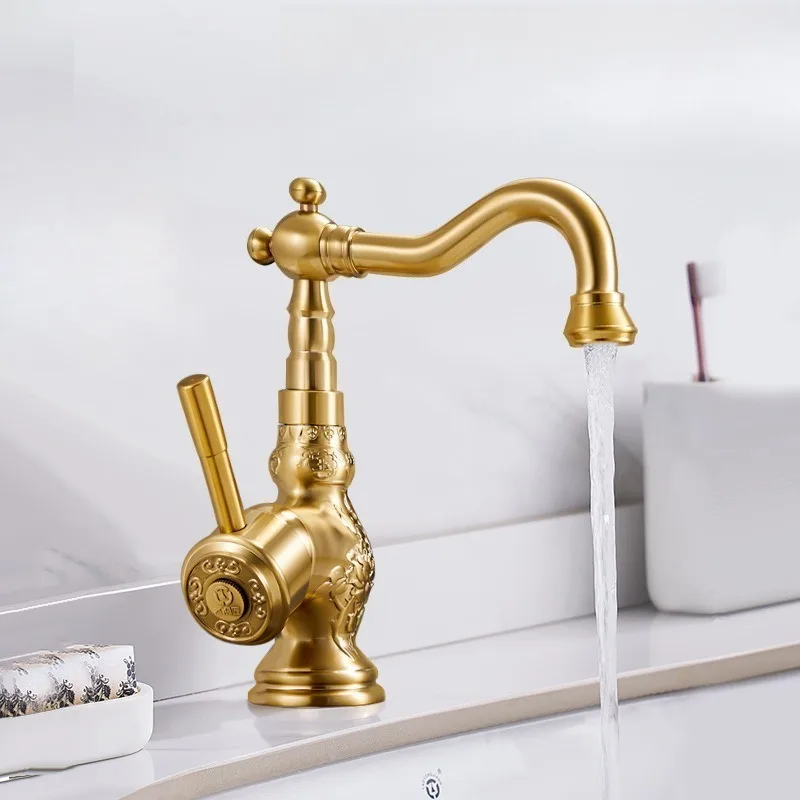 Basin Faucet, Golden Retro Washbasin Faucet, Hot and Cold Dual-use, All Copper High-end Antique Style Faucet