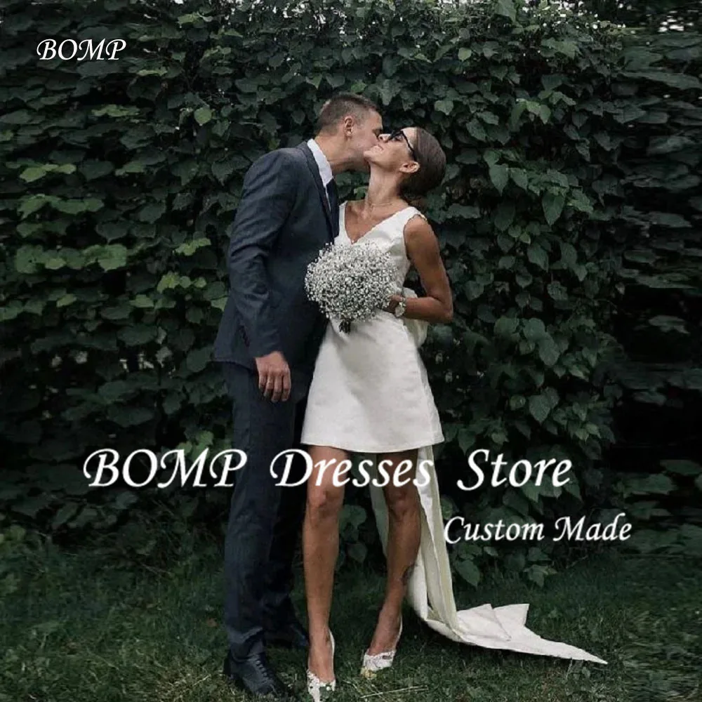 BOMP Customized Short Mini Satin V Neck Bridal Gown Large Bow Open Back Sleeveless Above Knee Length Wedding Party Dress 2025