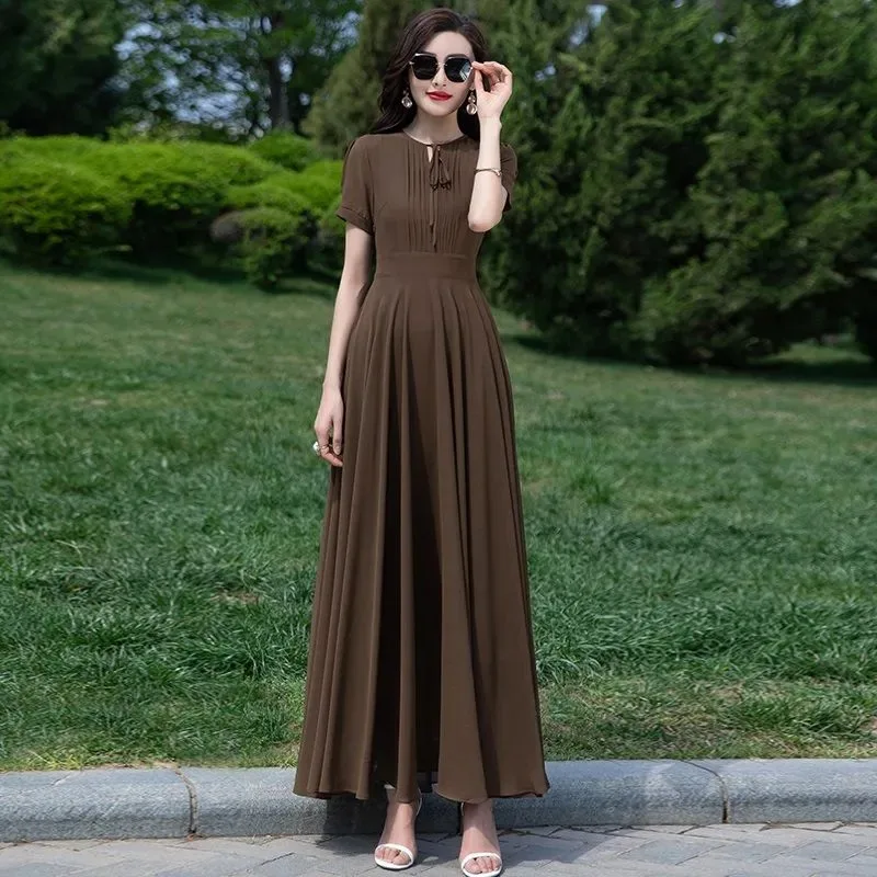 

Женское элегантное шифоновое макси-платье с завязками на шее, коротким рукавом, завышенной талией, расклешенное, А-силуэт, для пляжа, летнего отдыха, повседневное, сарафан