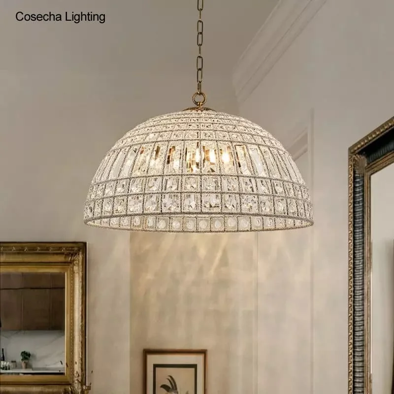 

Французская деревенская купольная хрустальная люстра, освещение для спальни, винтажные бронзовые хрустальные люстры для гостиной, кухни, острова, светильники