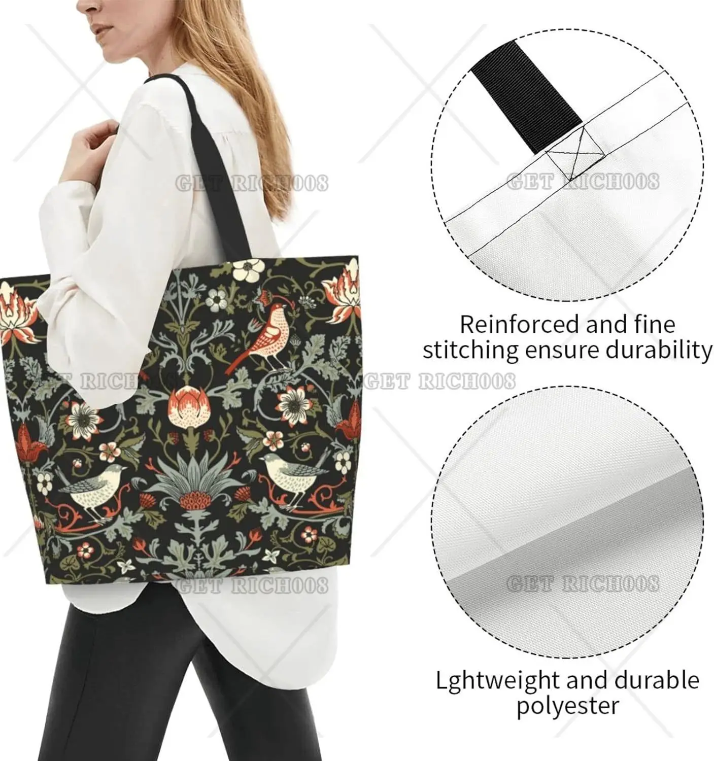 Scandinavian Pattern Bird Vintage Woman Tote Bag Shoulder Handbag Shopping Grocery Bag Reusable Shopping Bag One Size