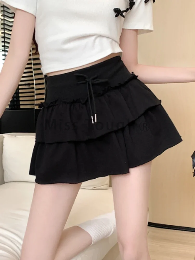 Fashion Casual Solid Elastic Waist Short Skirt Women Design Chic Loose Ruffle High Waisted Skirts Female Cute Thin Sports Skirt