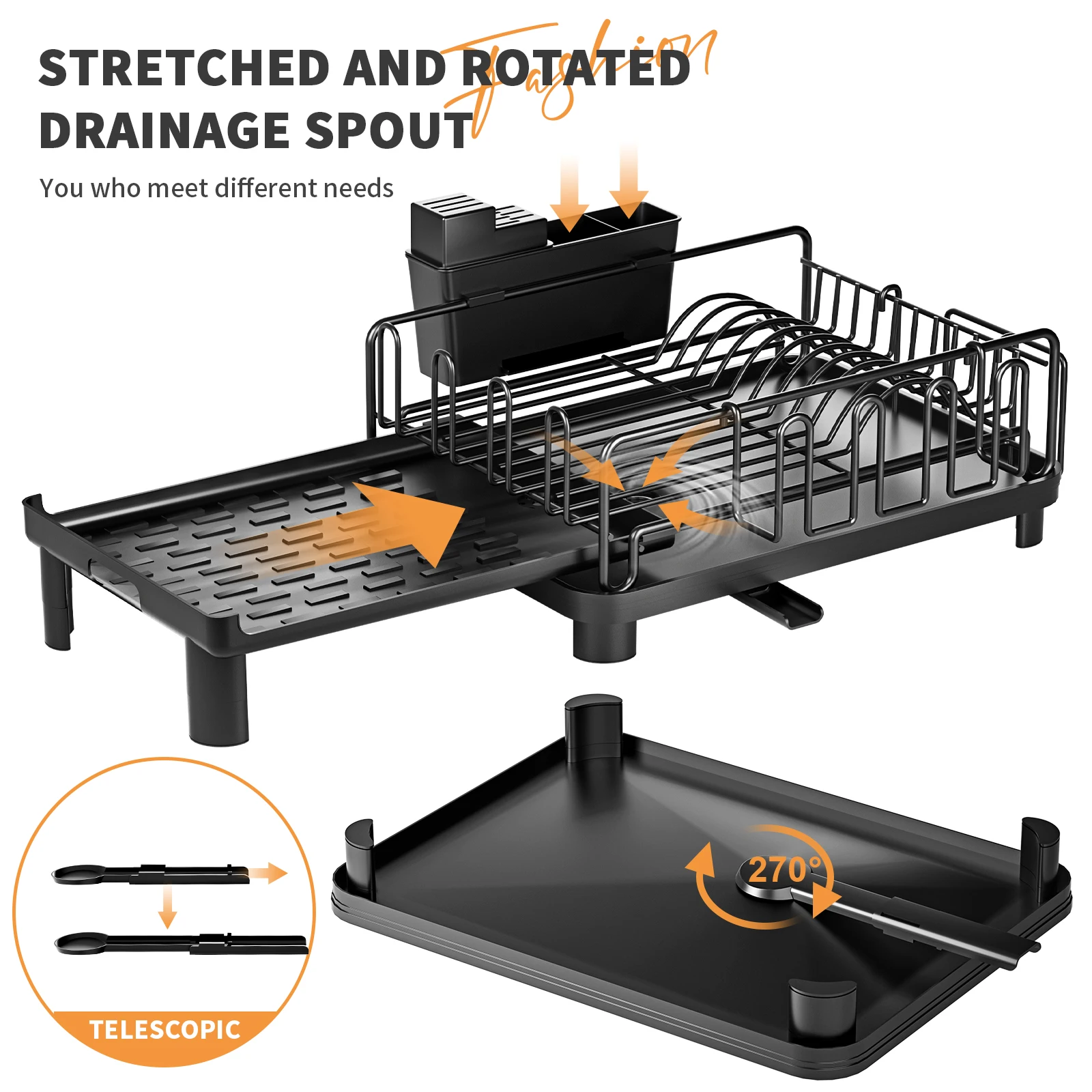 dish drying rack,Cutlery rack with drain tray and spout,Knife, fork and chopstick holder,Retractable dish storage rack