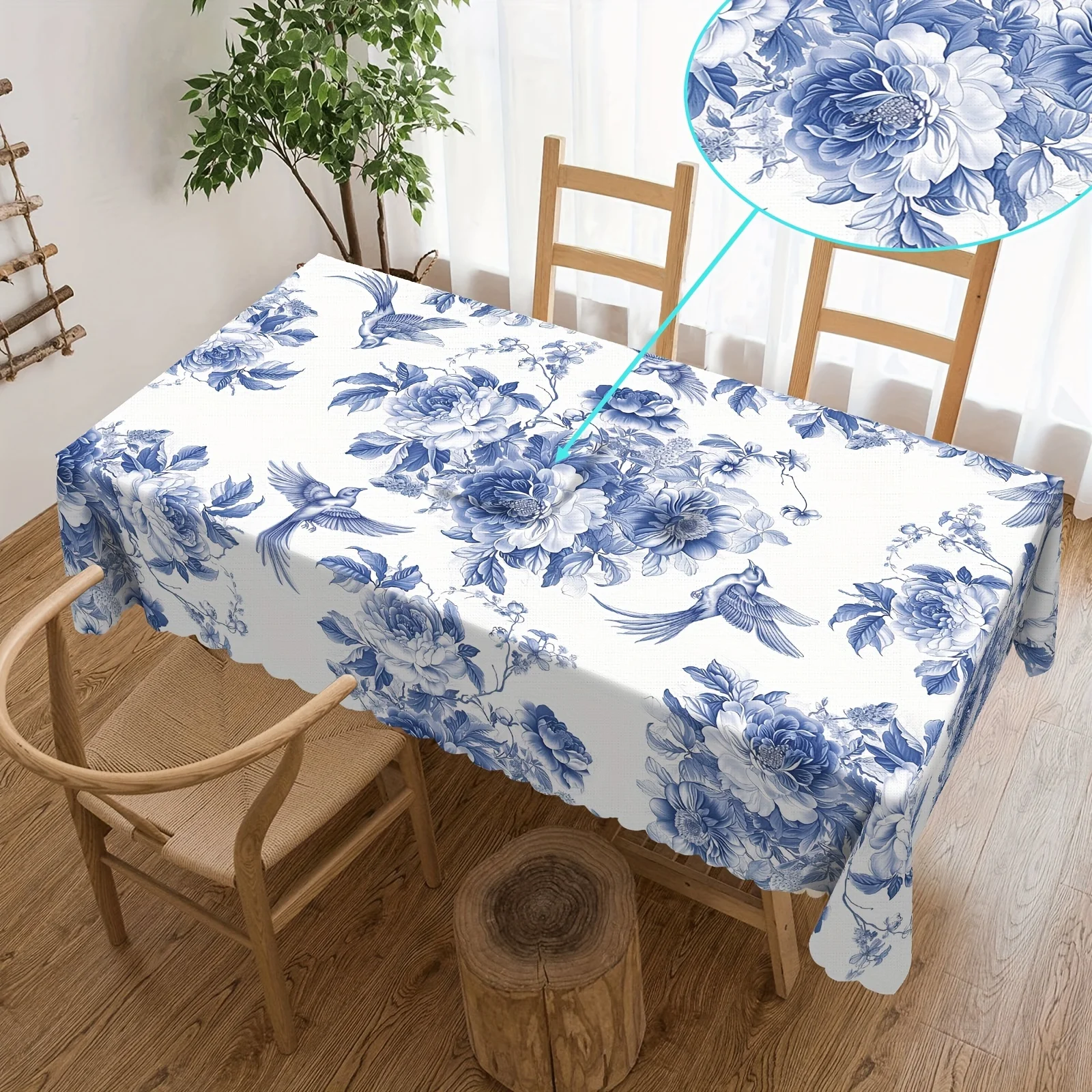 Blue and White Porcelain Floral Bird Rectangle Tablecloth Holiday Party Decor Reusable Waterproof Tablecloth Wedding Decorations