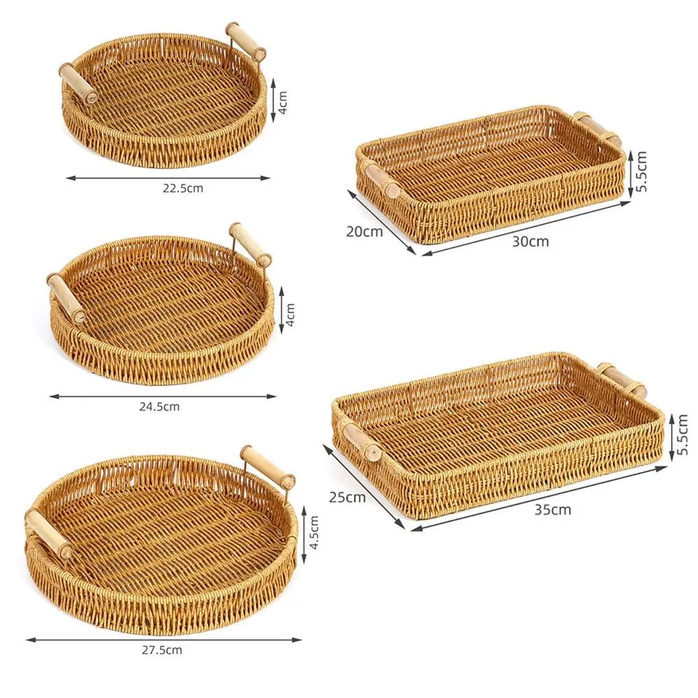 1Pcs Breakfast Bread Food Handwoven Rattan Basket Round Shape Fruit Vegetable Cake Wicker Storage Tray Food Plate With Handle