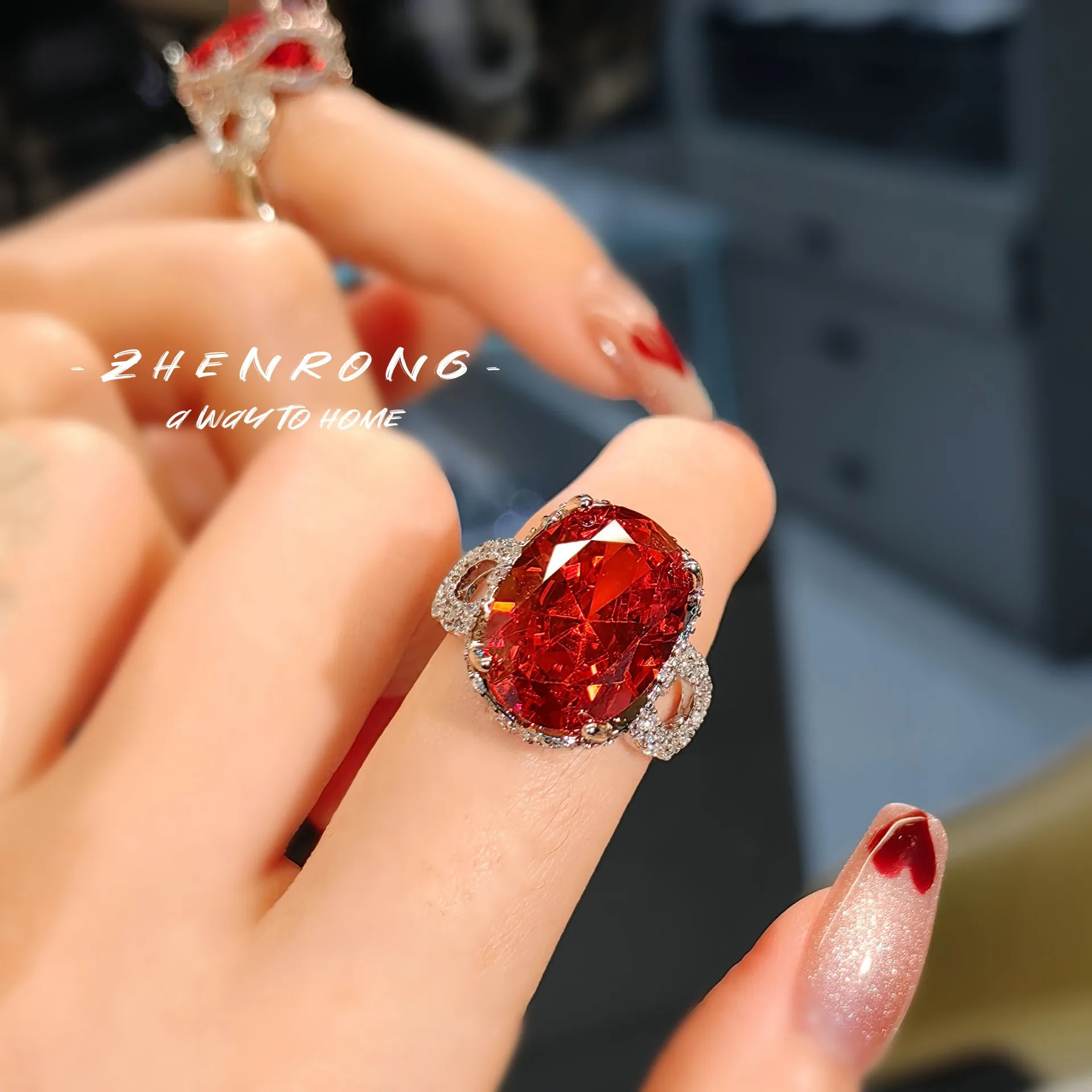 2024 New Fashion Silver Color Garnet Red/Fanta Orange Gemstone Rings Elegant Queen\'s Ring For Women Party Engagement Jewelry