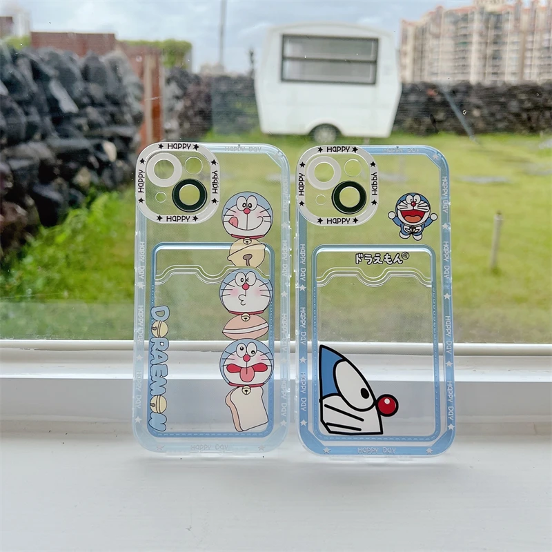 Cartoon Doraemon Soft Silicone Case for iPhone 15 14 13 12 11 Pro Max Mini XR XS X 8 7 Plus SE 2020 Silm Card Holder Back Cover