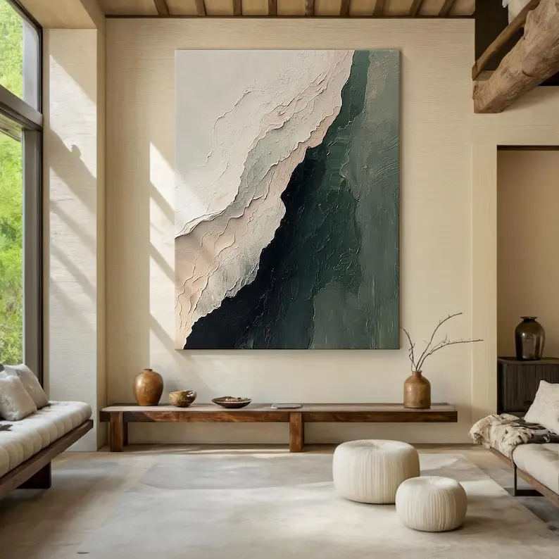 

100% Handmad Large Neutral Textured Abstract Oil Painting Unframed Modern Beige & Green Canvas Oil Artworks for Office Decortion