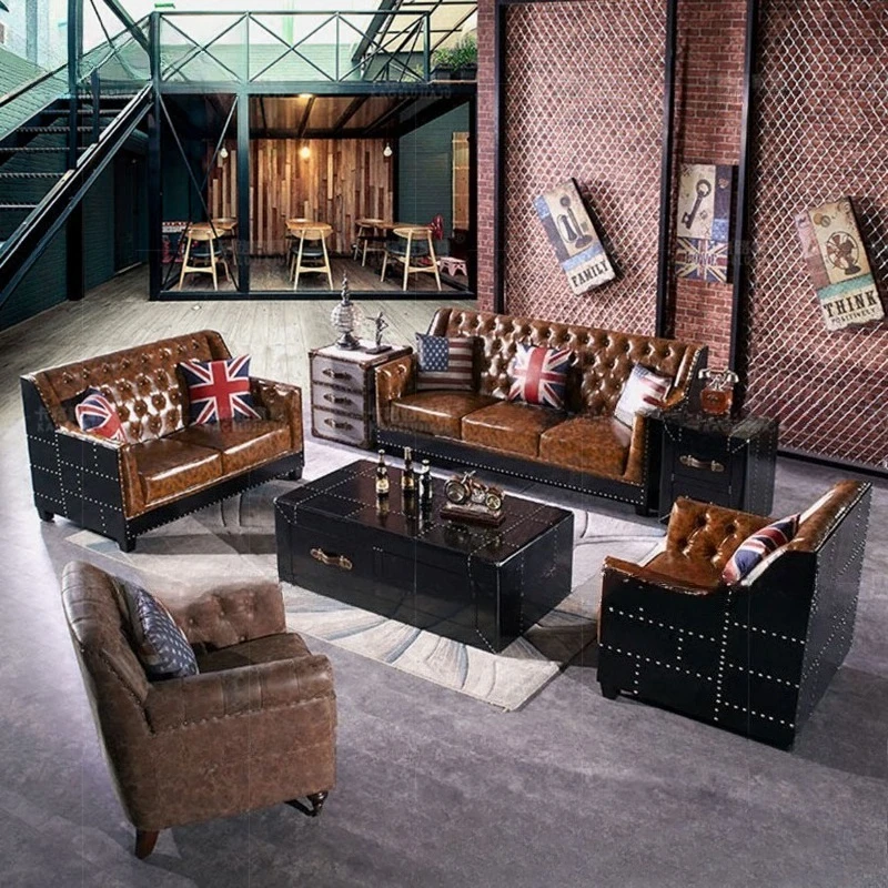 Industrial style American retro oil wax leather Chinese ancient style cigar bar house club light luxury