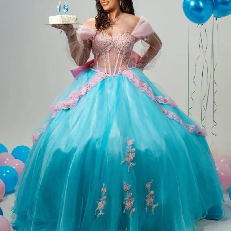 

Простое синее платье для квинсеаньеры с открытыми плечами, пайетками, цветочным декором, многослойное, с длинным шлейфом и бантом, vestidos de 15 Quinceanera ﻿ Индивидуальный заказ