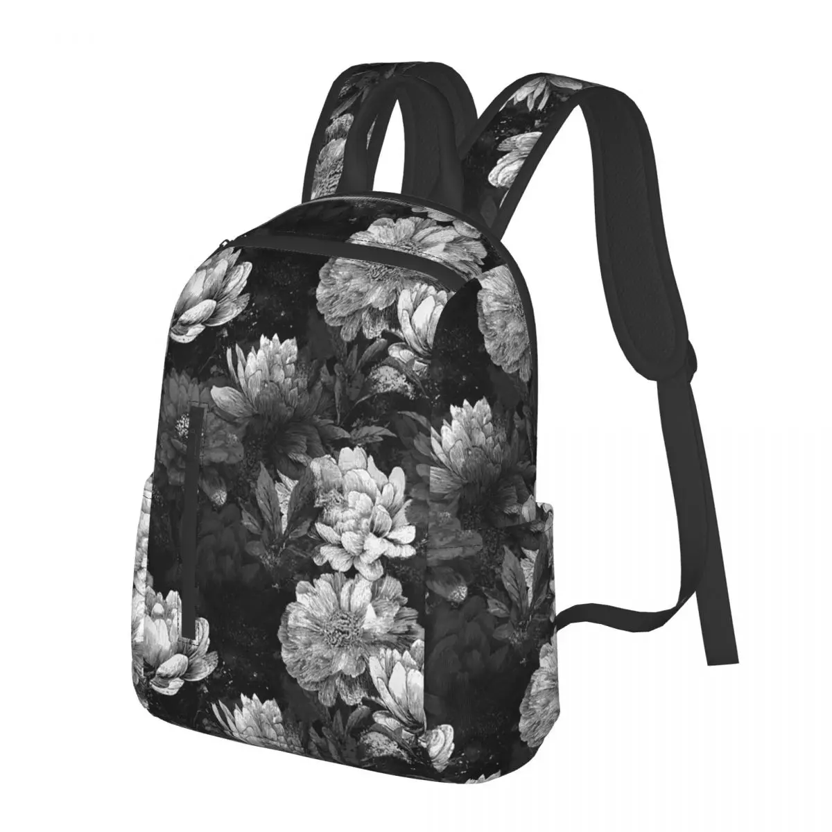 

Vintage Black White Peony Flowers Student Backpack School Bag Hiking Travel Daypack for Men Women Bookbag Shoulder Bags