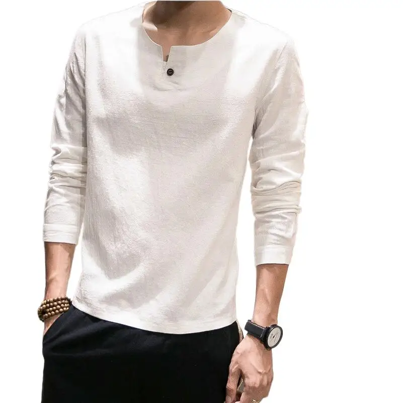 Plus Size M-6XL 7XL Fashion Man Shirts Autumn Spring Cotton Linen T-shirt Button Casual  Solid Full Sleeve Man Top White Black