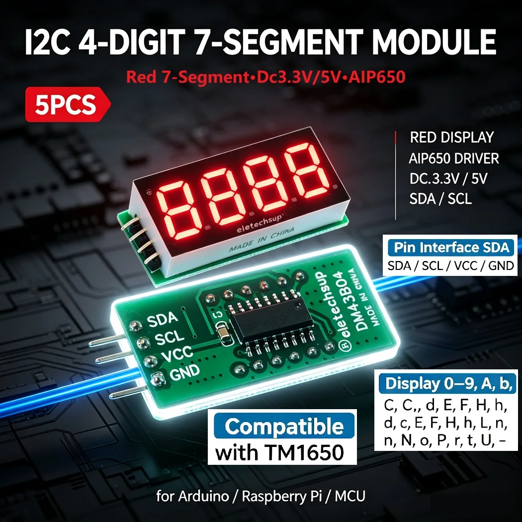 5pcs 4-Digit Red LED Digital Tube Display Module I2C AIP650 Compatible TM1650 DC3.3V 5V for Arduino Raspberry Pi DIY Meter