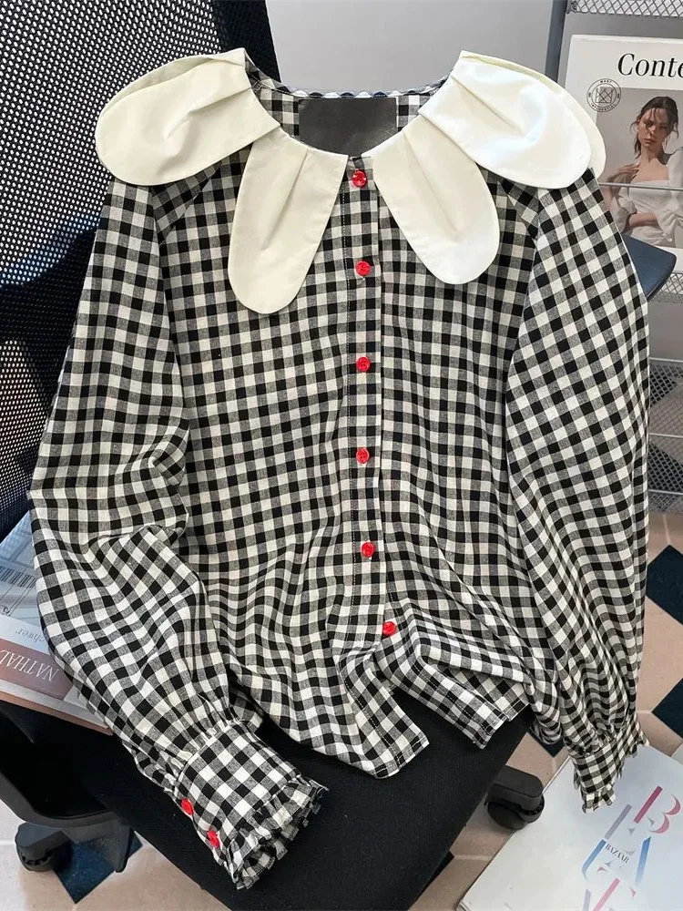 

Sweet Plaid Shirt Women Vintage Long Sleeve Spring Fall French Blouse Elegant Casual All Match Female Preppy Style Retro Tops