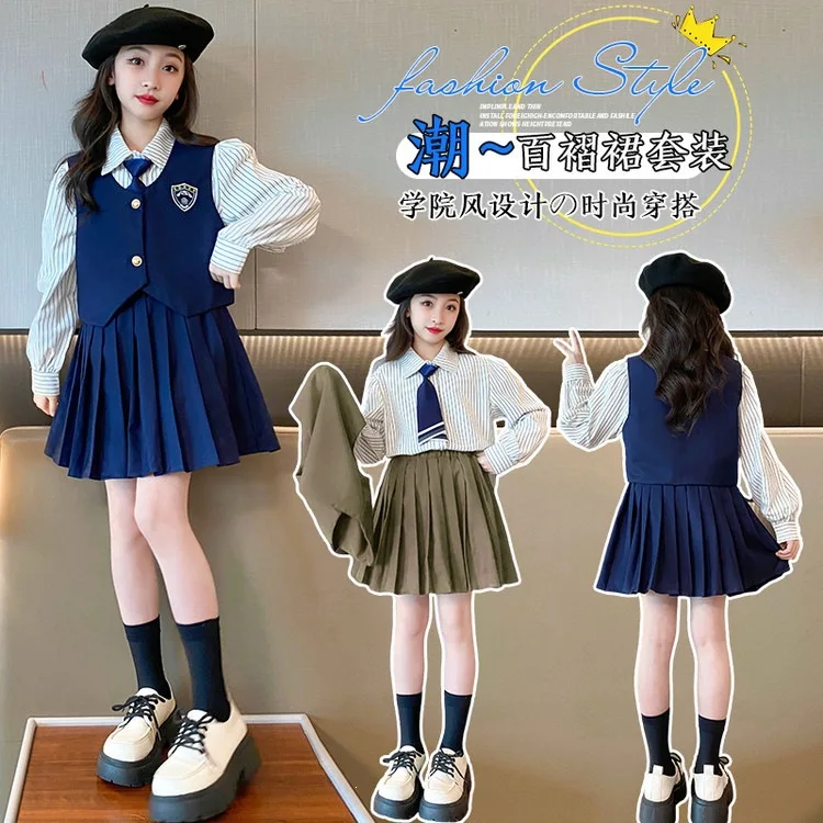 teen girls JK skirt clothes Set Spring Autumn 2026 College Style Big Child Shirt Vest pleated Skirt 4pcs junior kid outfits suit