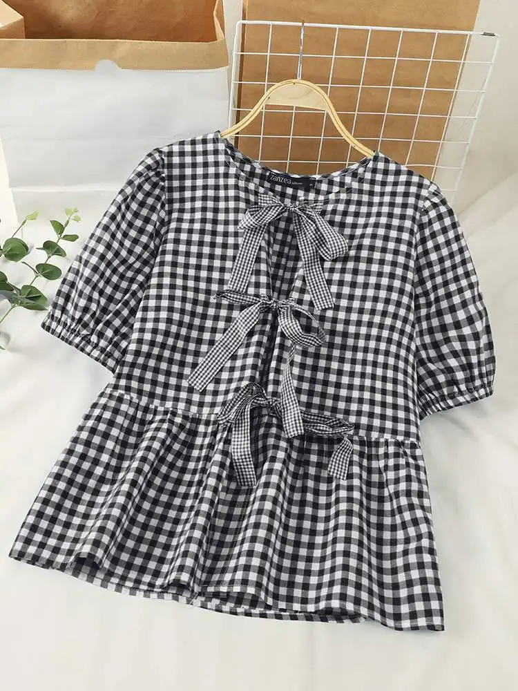 

ZANZEA Summer Women Bow Tie Tops Puff Sleeve Elegant Work Blouse Vintage Grid Printed Shirt Fashion Lace Up Holiday Blusas Tunic