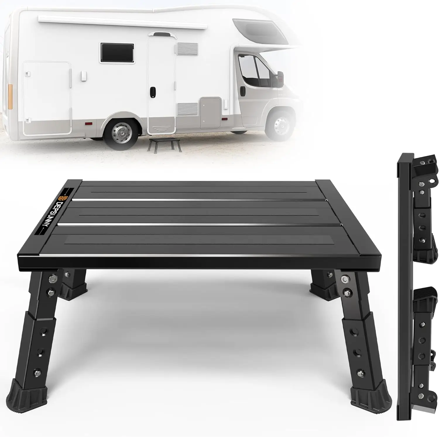 

Drifeez Portable Black RV Step Stool, 3-Step Height Adjustment, Foldable Legs, Wide Anti-Slip Surface,Supports Up to 1,000 lb