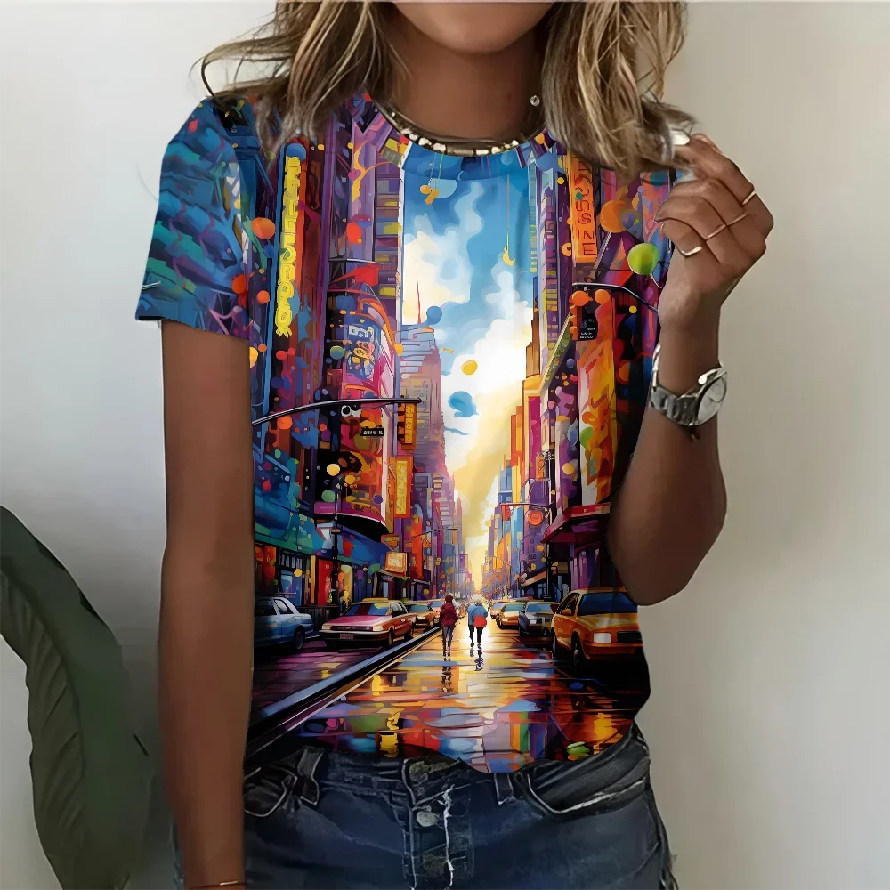 

Vibrant Cityscape Art Printed Women's T-shirt - Art Urban Style Casual Fashion Comfortable Summer Short Sleeve