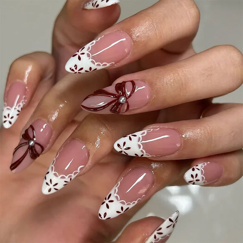 

24Pcs French White Lace Nails Set Press on Bow Flower Pearl Full Cover Fake Nails Tips Mid-length Almond Detachable False Nails