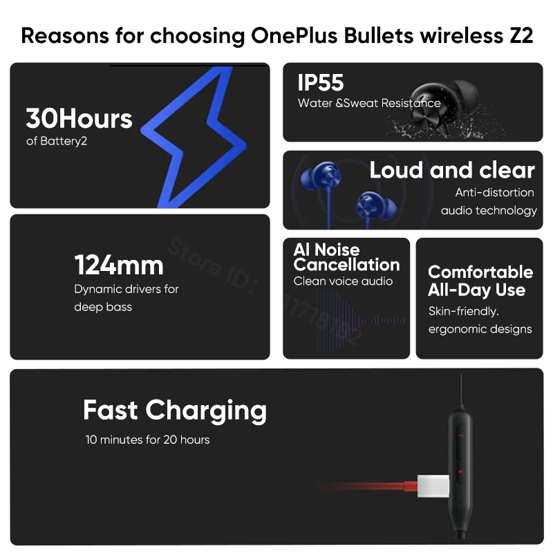 Top Bullets Wireless Z2 Wireless Earphone AI Noise Cancelling Wireless Headphone 30h Battery Life IP55 For OnePlus 10Pro 10T